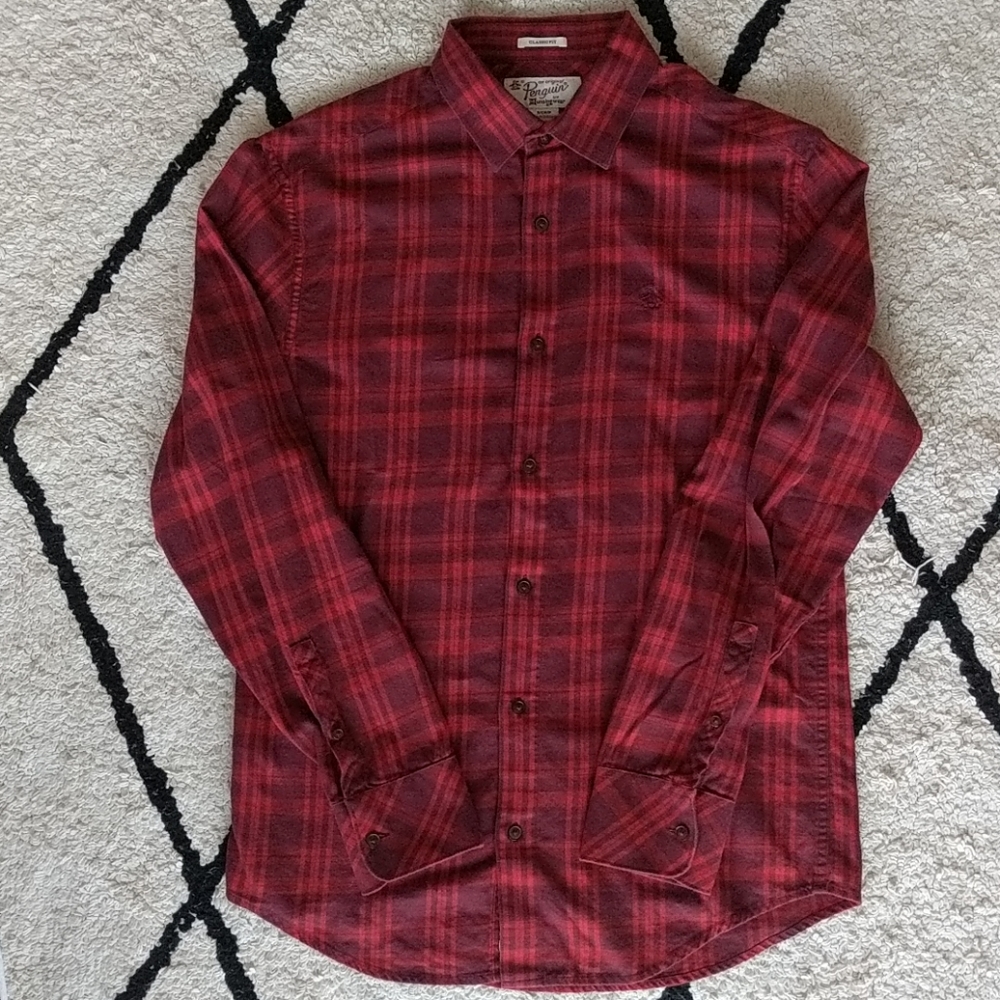 Penguin red plaid button up